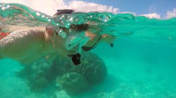 una pareja de hombre y mujer buceando sobre el arrecife de coral de una isla tropical.