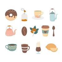 la hora del café, donut bolsa de té tetera taza de café cuchara limón bebidas frescas iconos vector