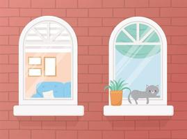 stay at home quarantine, windows sofa cat plant cartoon design vector