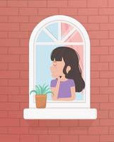 quedarse en casa cuarentena, mujer en ventana con planta en maceta vector