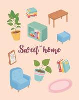 sweet home sofa books plant table chair vector