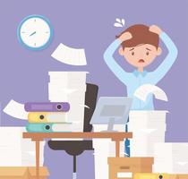 stressed businessman in office work with pile paper boxes in desk vector