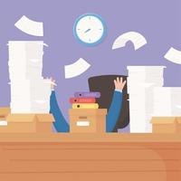 hands desk and stack of work papers boxes stress vector