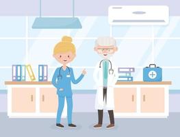 old physician and female nurse consultation room medical staff practitioner cartoon character vector