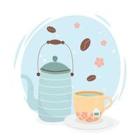 Hora del té, tetera y taza de té aroma bebida fresca. vector