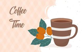 coffee time, coffee cup and beans leaves fresh beverage vector