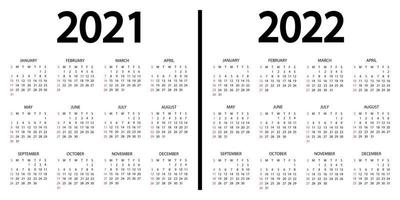 Calendar 2021-2022. The week starts on Sunday. 2021 and 2022 annual calendar template. 12 months yearly calendar set in 2021 and 2022 design in black and white colors. Sunday in red colors vector