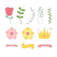 happy mothers day, flower branch leaves ribbon and crown icons