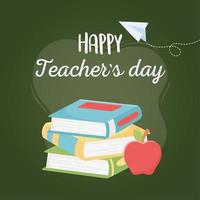 happy teachers day, school books and apple paper plane green background vector