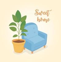 decoración de la planta en maceta del sofá azul del hogar dulce vector