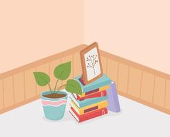 sweet home plant in pot pile books and frame on floor vector