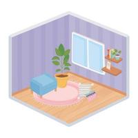 sweet home chair potted plant and cushion on carpet, shelves books window isometric style vector