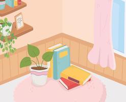 sweet home plant in pot books on carpet shelves window curtain decoration vector