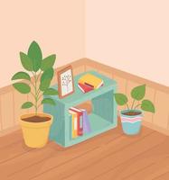 sweet home plants in pot interior bookcase frame wooden floor vector