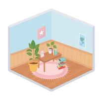 sweet home table with books frame potted plants on carpet isometric style vector