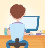 Educación en línea niño estudiante sentado estudiando con la computadora en el escritorio vector