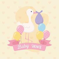 baby shower, stork with purple diaper and balloons decoration vector