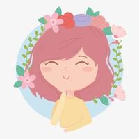 young woman wreath flowers foliage decoration cartoon vector