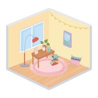 sweet home books frame potted plant on table, carpet cushion lamp and window room isometric style vector