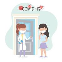 virus covid 19 quarantine, female doctor and woman with masks vector
