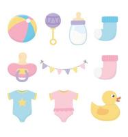 baby shower, bodysuits pacifier bottle rattle sock duck icons vector