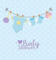 Baby Shower, azul, ropa colgante, chupete, tarjeta de fondo punteado vector