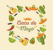 cinco de mayo celebración mexicana guitarra cactus aguacate limón cartel vector