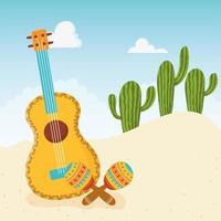 guitarra maracas cactus desierto cinco de mayo celebración mexicana vector