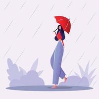 Smiling young woman walking with umbrella in rain Concept of a good mood in all situations Colorful vector illustration