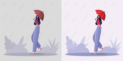 Sonriente joven caminando con paraguas bajo la lluvia concepto de buen humor estado de ánimo negativo en todas las situaciones ilustración vectorial colorida vector