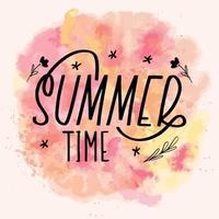 Summer time lettering calligraphy card. Vector greeting illustration. Black text with elements on watercolor background