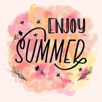 Enjoy summer lettering calligraphy card. Vector greeting illustration. Black text with elements on watercolor background