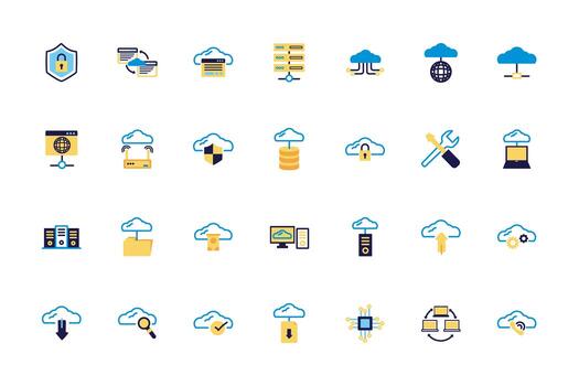 paquete de iconos de estilo de colores lineales de computación en la nube vector