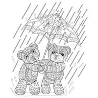 osos de peluche bajo la lluvia dibujados a mano para libro de colorear para adultos vector