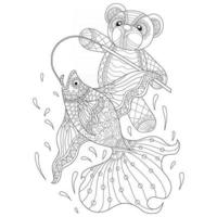 Teddy bear fishing hand drawn for adult coloring book vector