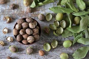 Walnuts in a bowl. Walnut leaves Walnuts in a green peel photo