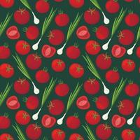 Background With A picture Of Vegetarian products. Vector seamless pattern with ripe tomatoes and green onions.