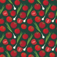 Background With A picture Of Vegetarian products. Vector seamless pattern with ripe tomatoes and green onions.