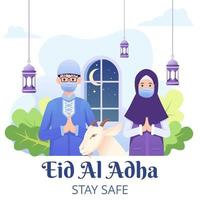 saludo de eid adha mubarak con pareja con máscara para covid-19 vector