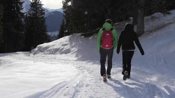 um casal de homem e mulher, caminhadas na neve nas montanhas no inverno. video