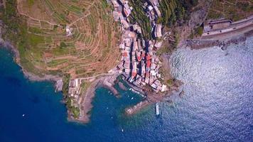 Aerial travel view of Manarola, Cinque Terre, Italy.