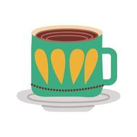 dish and ceramic cup with leafs flat style icon vector