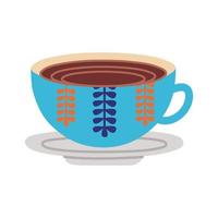 dish and ceramic cup with leafs flat style icon vector