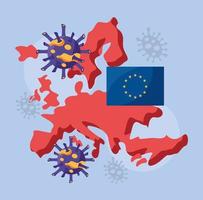 Covid 19 partículas y mapa de Europa y bandera de la ue. vector
