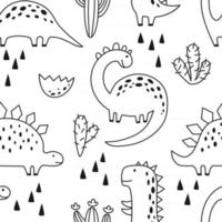 Seamless pattern with cute dinosaur in outline sketchy style. Funny cartoon dino. Hand drawn vector doodle for kids