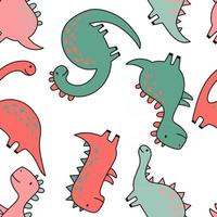 Seamless pattern with cute dinosaur in outline sketchy style. Funny cartoon dino. Hand drawn vector doodle for kids