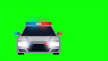 animiertes Polizeiauto in Hochgeschwindigkeitsverfolgung. Notfallpolizei patrouilliert Fahrzeug, das zum Tatort beschleunigt. Clip in hoher Auflösung mit Greenscreen-Hintergrund.