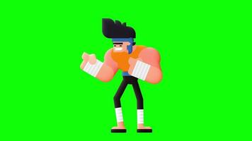 Animation of fighting character, punching and raising leg. Male boxer boxing on a green background.