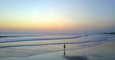 Aerial drone view of a young woman walking on the beach at sunset. video