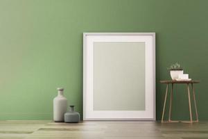 Representación 3D de maqueta de diseño de interiores para sala de estar con marco de imagen en pared verde foto